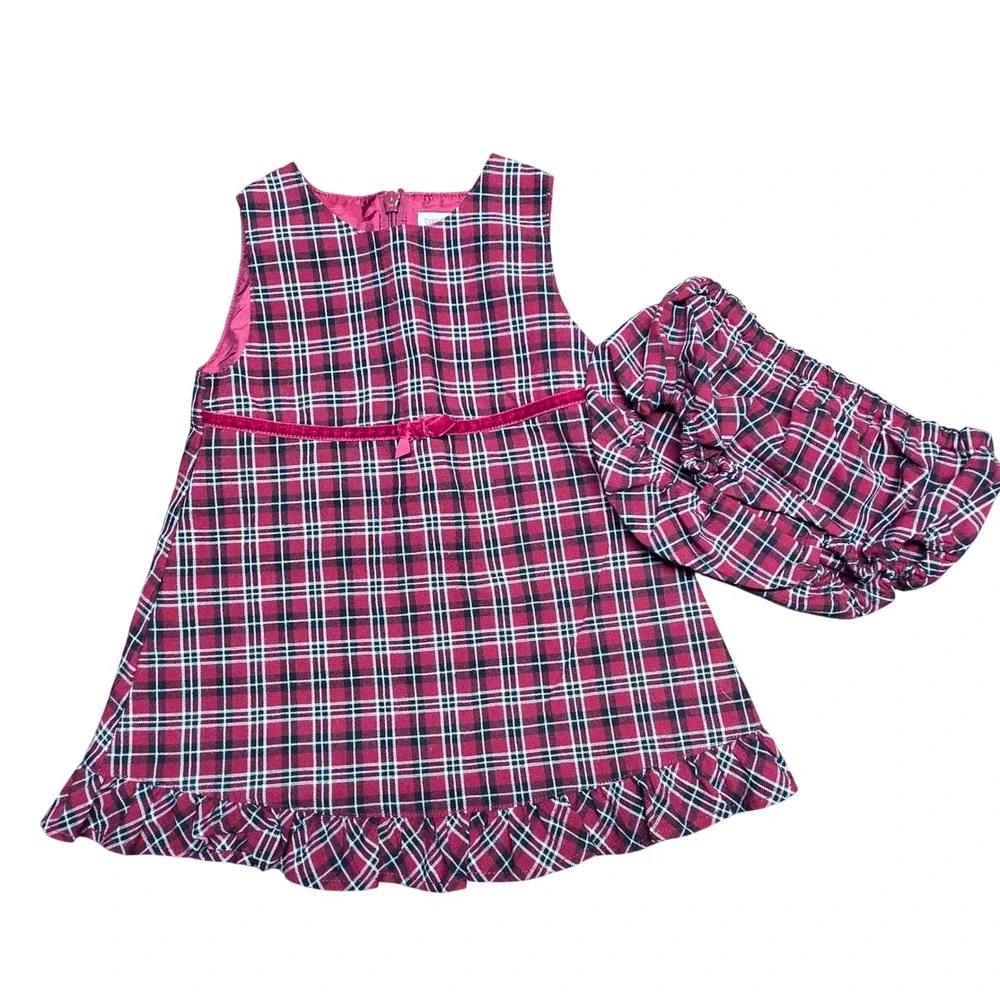 Gymboree 12 mo Red Plaid Sleeveless Jumper Dress and Diaper Cover Set Holiday